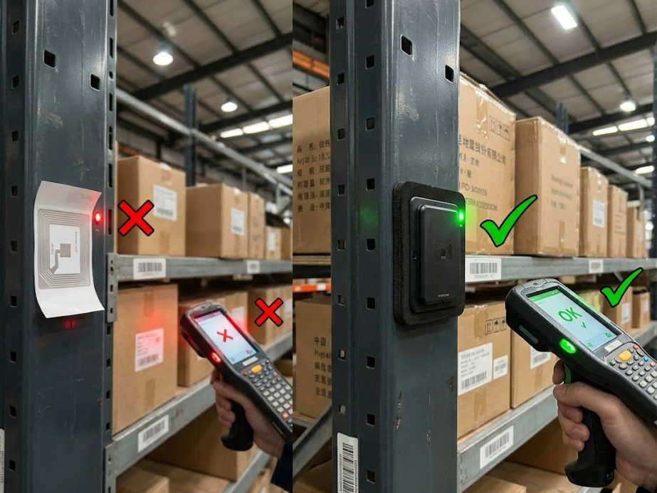 Standard RFID inlays failing on metal warehouse racking due to detuning, requiring foam-backed on-metal tags Standard RFID inlays failing on metal warehouse racking due to detuning, requiring foam-backed on-metal tags